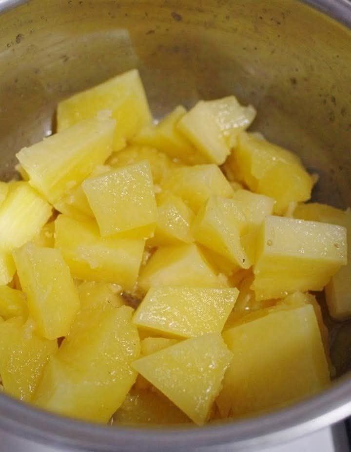 Toss crushed pineapple into slow cooker. This dish doesn’t get easier! Only 3 ingredients
