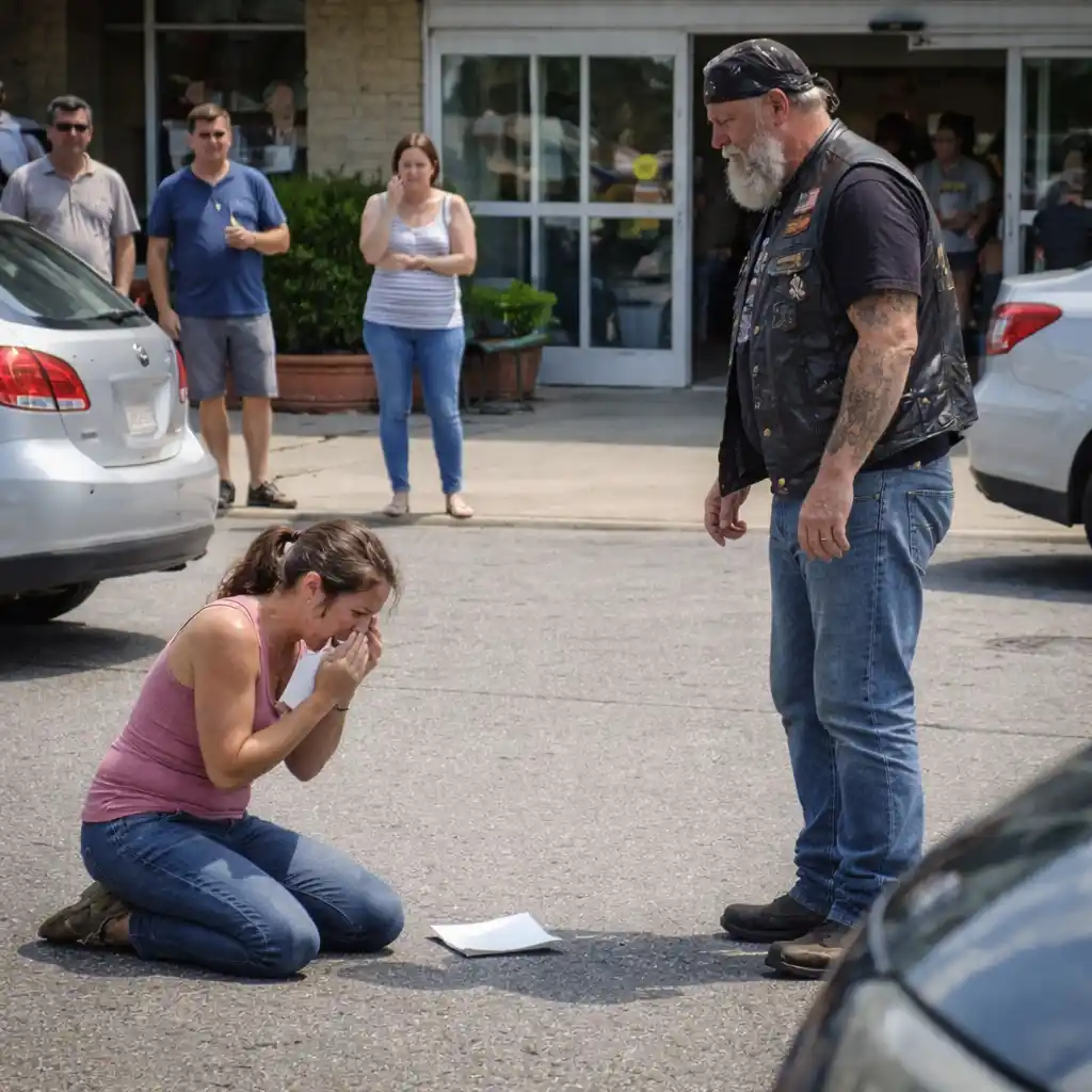 I watched a biker hand my wife an envelope—and then she dropped to her knees.