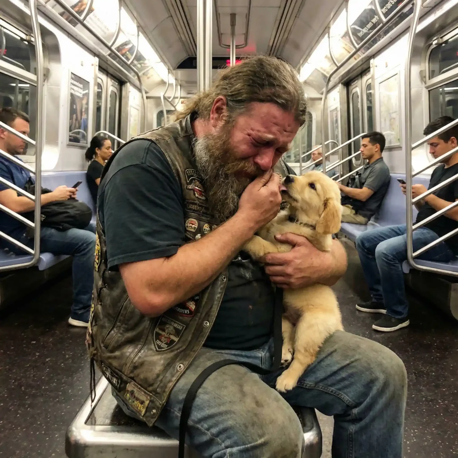 I Saw a 6’5″ Biker Crying on the Subway Holding a Puppy — Then He Showed Me the Collar
