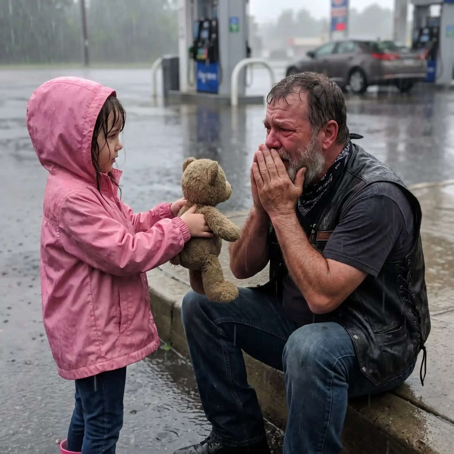 We Saw a Big Biker Sitting in the Rain Crying, So My 5-Year-Old Gave Him Her Teddy Bear