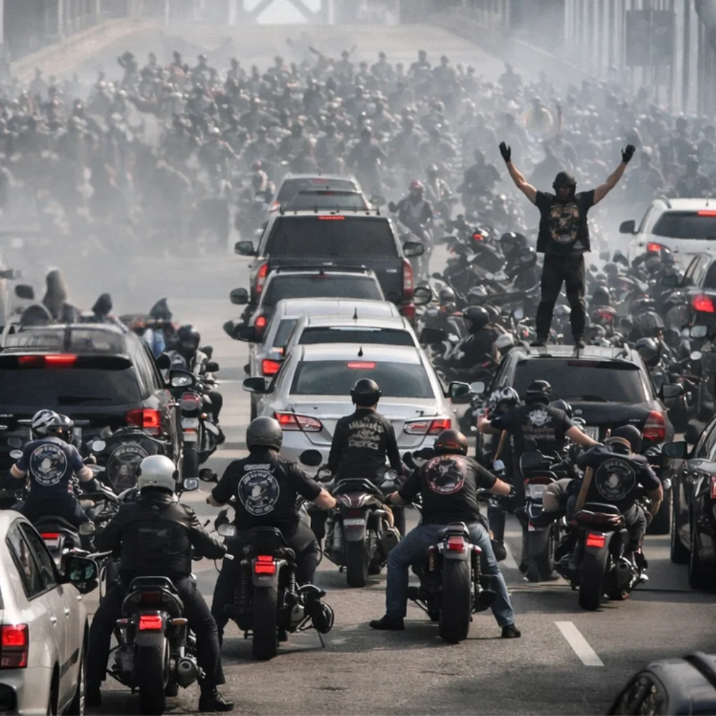 A biker gang shut down a bridge for 45 minutes and the news called them criminals