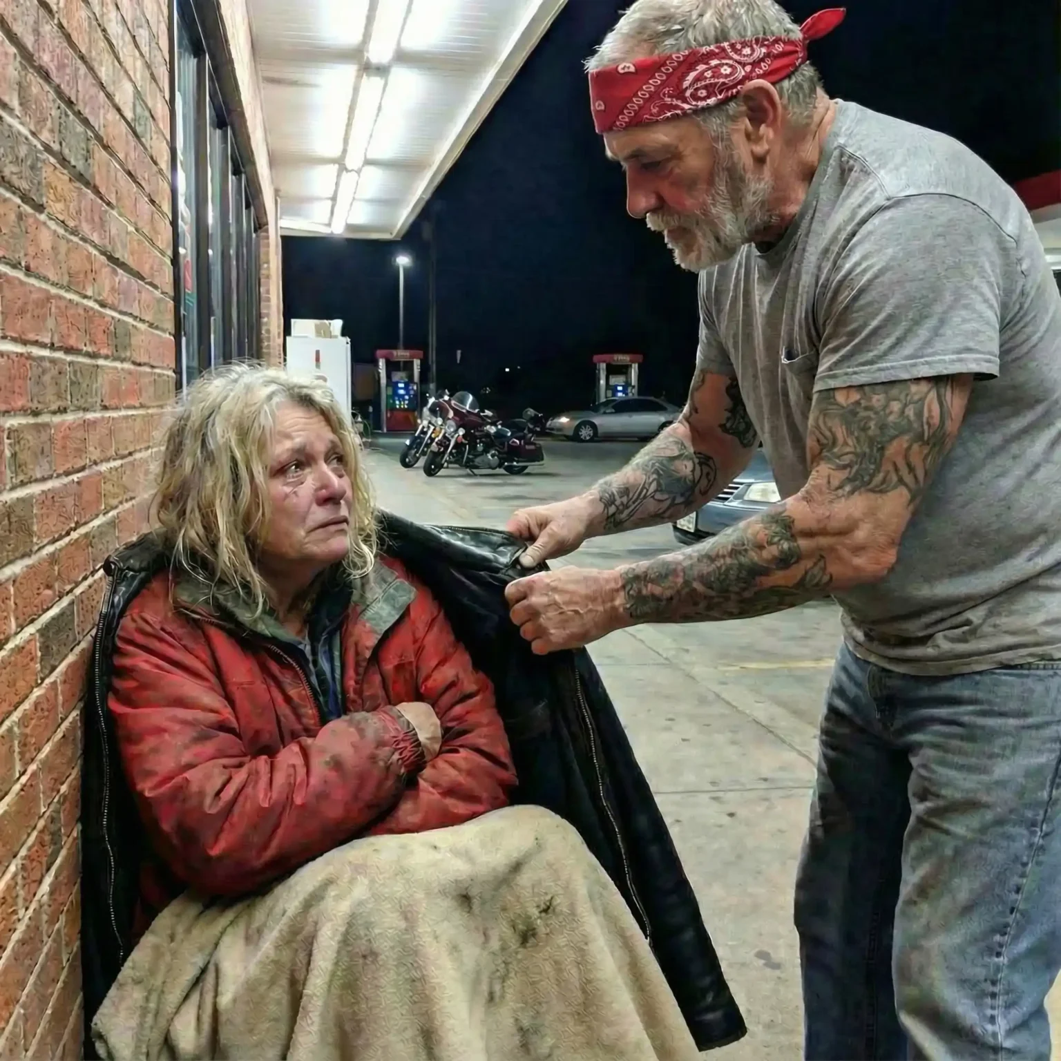 A biker gave his jacket to a freezing homeless woman—she looked inside later and found something that would change both their lives forever.